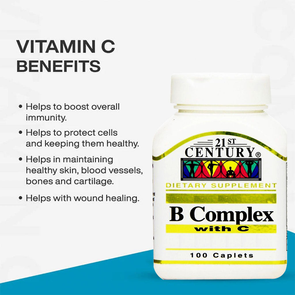 21st Century B Complex With Vitamin C Caplets For Energy & Immune Support, Pack of 100's - Easy Pharmacy LLC