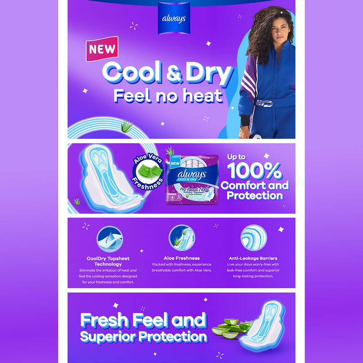 Always Cool & Dry, No Heat Feel, Maxi Thick, Large Sanitary Pads With Wings, Pack of 10's - Easy Pharmacy LLC