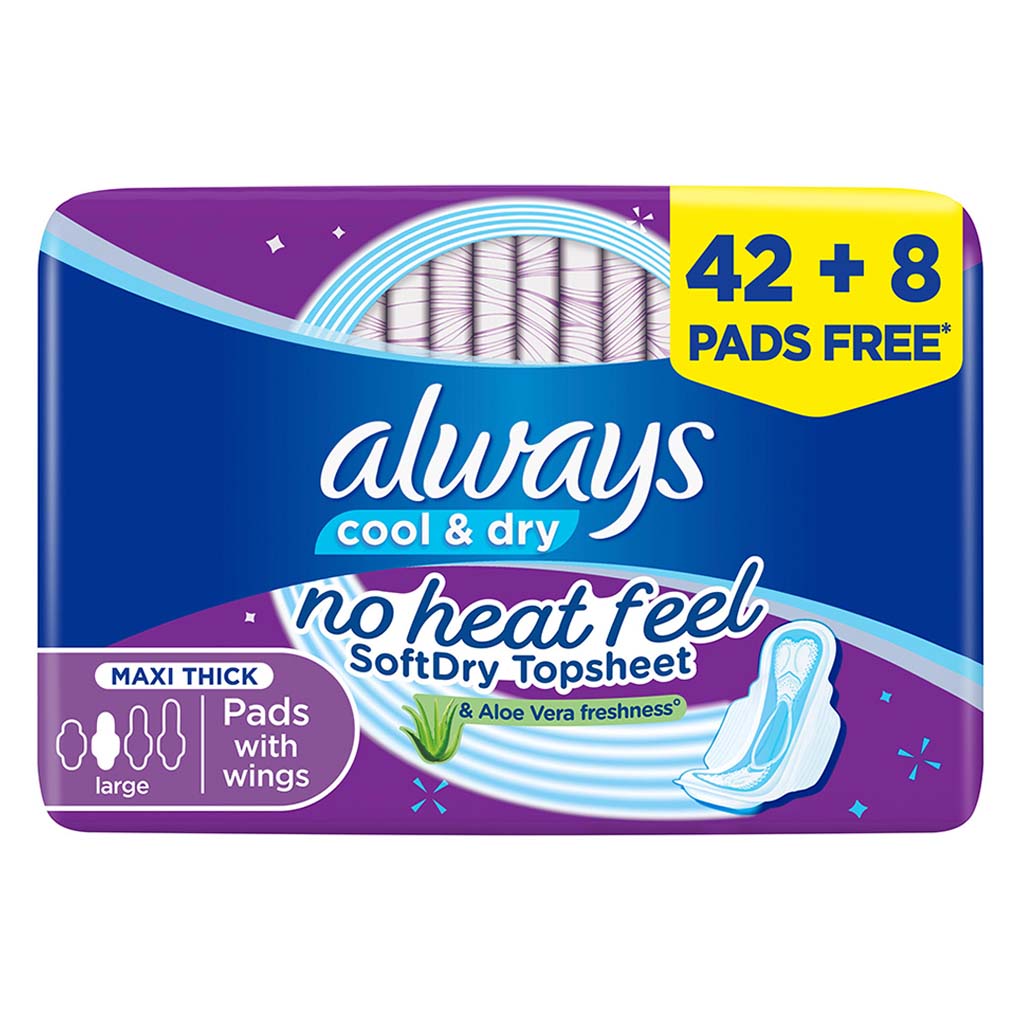 Always Cool & Dry, No Heat Feel, Maxi Thick, Large Sanitary Pads With Wings, Pack of 50's - Easy Pharmacy LLC