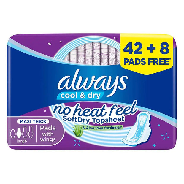 Always Cool & Dry, No Heat Feel, Maxi Thick, Large Sanitary Pads With Wings, Pack of 50's