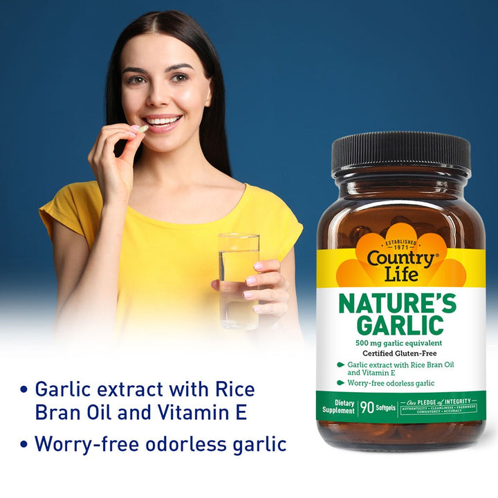 Country Life Nature's Garlic 500 mg Softgel With Rice Bran Oil & Vitamin E, Pack of 90's - Easy Pharmacy LLC