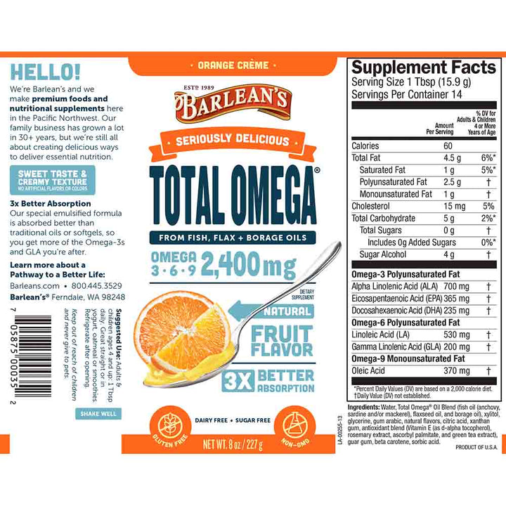 Barlean's 2400mg Total Omega 3 6 9 Flaxseed Oil, Borage Seed Oil, Fish Oil Supplement Liquid - Fruit Flavour, 227g - Easy Pharmacy LLC