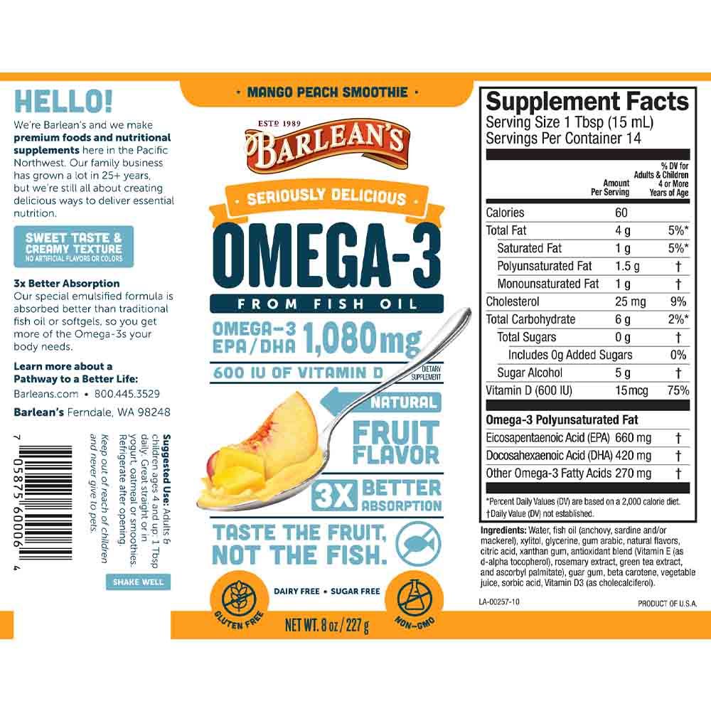 Barlean's Omega 3 1080mg Fish Oil Supplement Liquid - Mango Peach Smoothie Flavour 227g - Easy Pharmacy LLC