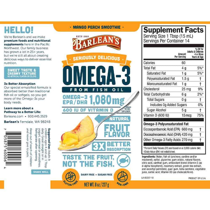 Barlean's Omega 3 1080mg Fish Oil Supplement Liquid - Mango Peach Smoothie Flavour 227g - Easy Pharmacy LLC