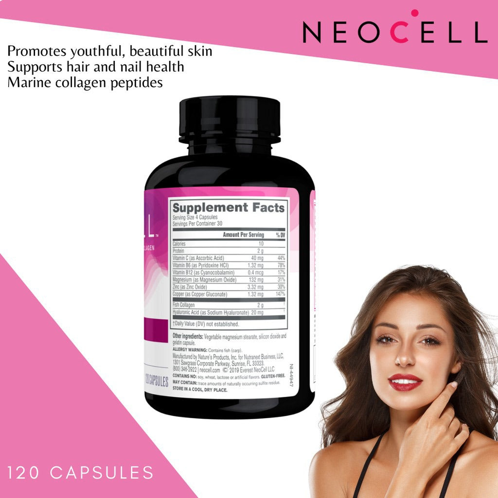 NeoCell Marine Collagen + Hyaluronic Acid Capsules For Youthful & Radiant Skin, Pack of 120's - Easy Pharmacy LLC