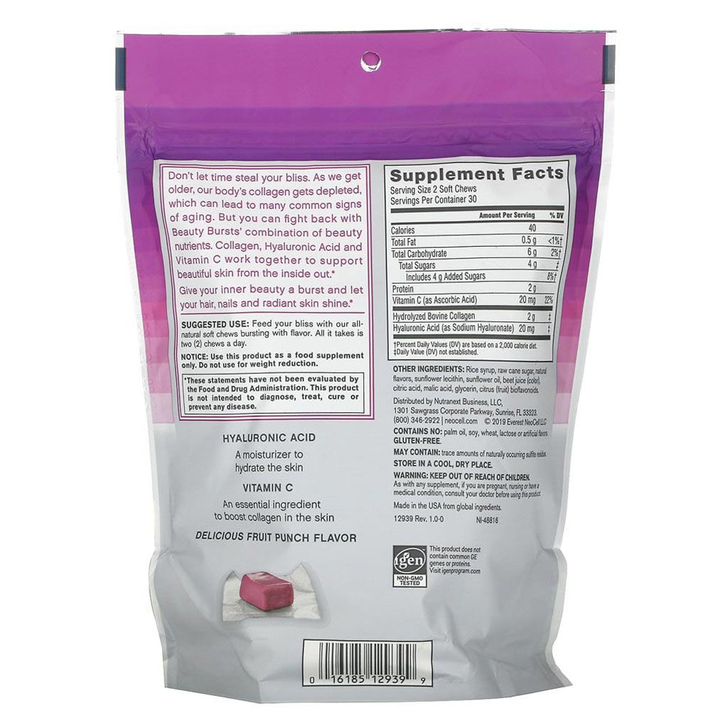 NeoCell Collagen Chews, Beauty Bursts For Skin, Hair And Nails, Fruit Punch Soft Chews, Pack of 60's - Easy Pharmacy LLC