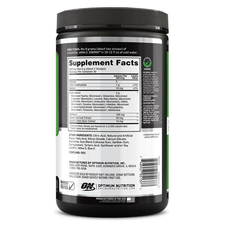 Optimum Nutrition Amino Energy For Energy & Muscle Recovery - Lemon Lime, 270g - 30 Servings - Easy Pharmacy LLC