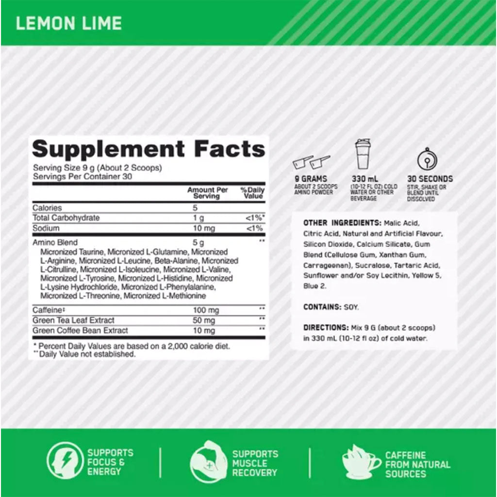 Optimum Nutrition Amino Energy For Energy & Muscle Recovery - Lemon Lime, 270g - 30 Servings - Easy Pharmacy LLC