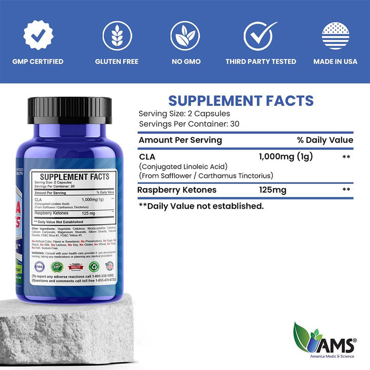 AMS CLA Ketones Weight Loss Supplement Capsules, Pack of 60's - Easy Pharmacy LLC