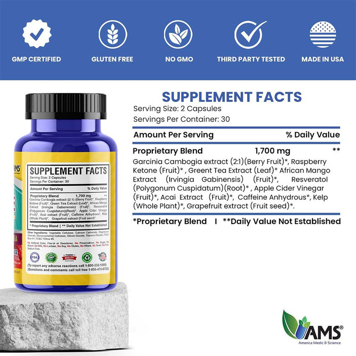 AMS Raspberry Ketone Lean Capsules, Weight Loss Supplement With Garcinia Cambogia, Pack of 60's - Easy Pharmacy LLC