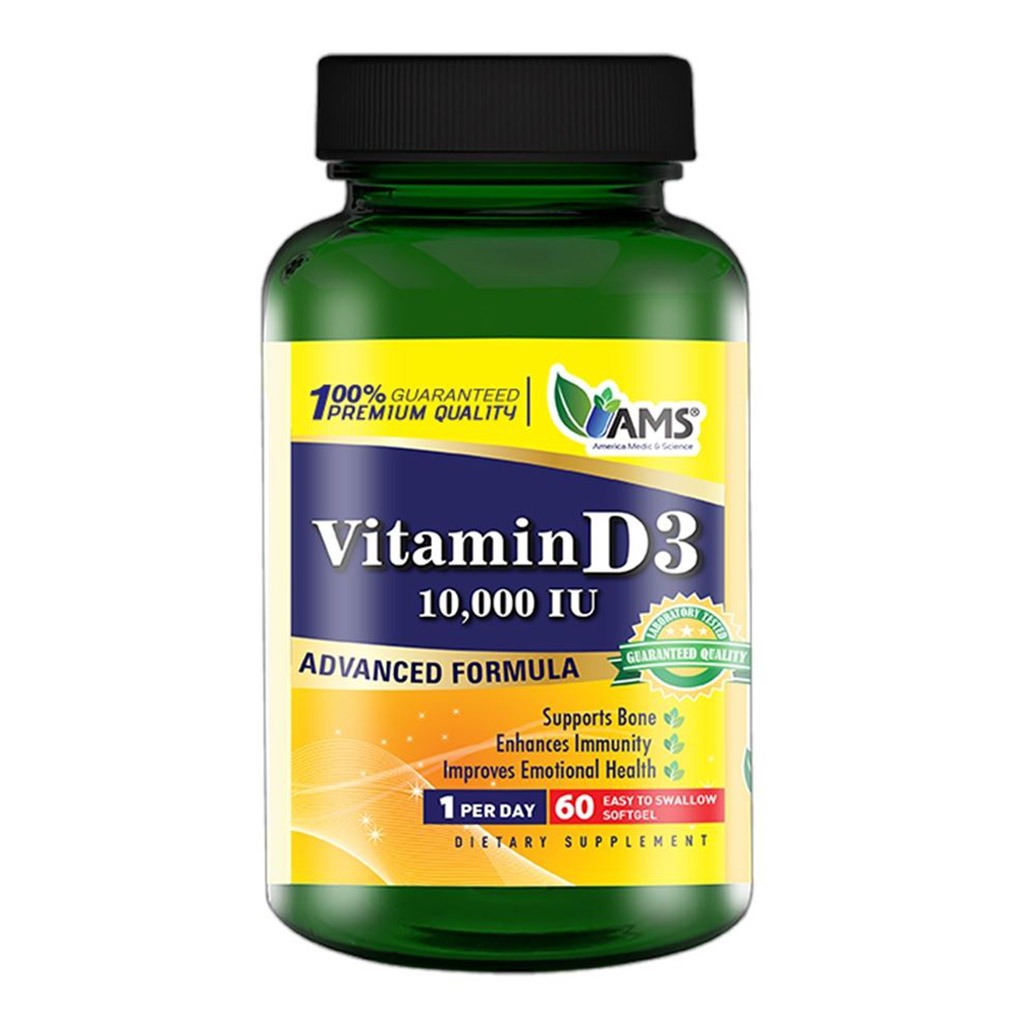 AMS Vitamin D3 10000IU Softgels For Healthy Bones & Immunity Boost, Pack of 60's - Easy Pharmacy LLC