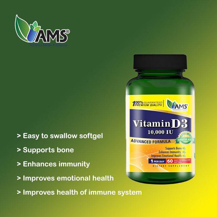 AMS Vitamin D3 10000IU Softgels For Healthy Bones & Immunity Boost, Pack of 60's - Easy Pharmacy LLC