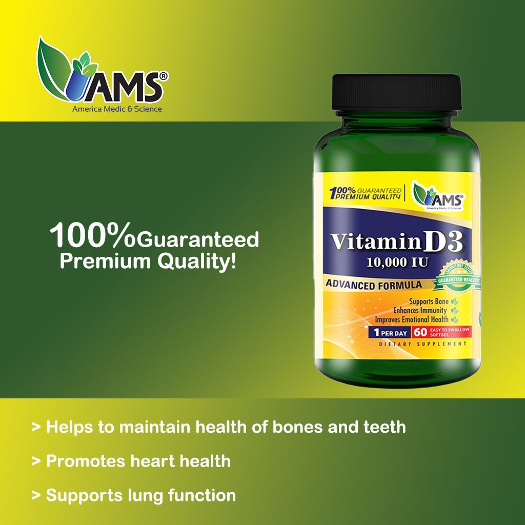 AMS Vitamin D3 10000IU Softgels For Healthy Bones & Immunity Boost, Pack of 60's - Easy Pharmacy LLC