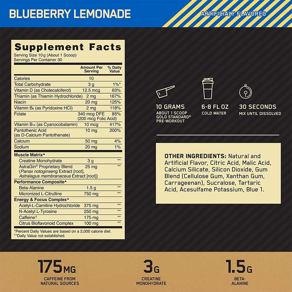 Optimum Nutrition Gold Standard Pre-Workout Blueberry Lemonade 300g - Easy Pharmacy LLC