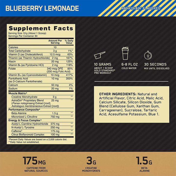 Optimum Nutrition Gold Standard Pre-Workout Blueberry Lemonade 300g - Easy Pharmacy LLC