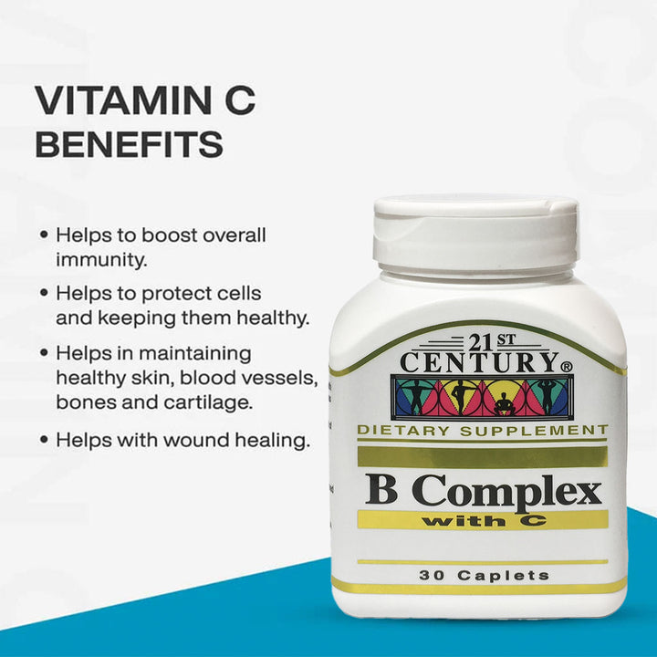 21st Century B Complex With Vitamin C Caplets For Energy & Immune Support, Pack of 30's - Easy Pharmacy LLC
