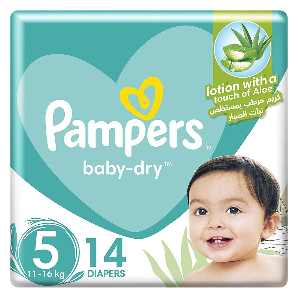 Pampers Baby-Dry Baby Diapers With Aloe Vera, Size 5, 11-16Kg, Pack of 14's - Easy Pharmacy LLC