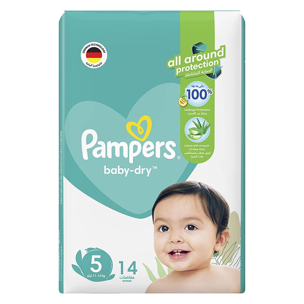 Pampers Baby-Dry Baby Diapers With Aloe Vera, Size 5, 11-16Kg, Pack of 14's - Easy Pharmacy LLC