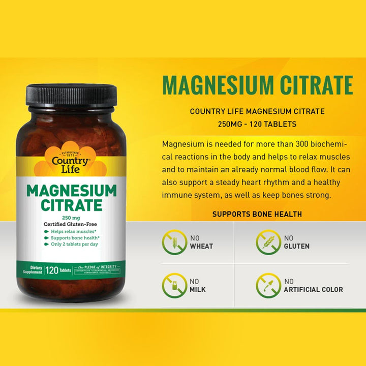 Country Life Gluten-Free Magnesium Citrate 250 mg Tablets For Bone & Muscle Health, Pack of 120's - Easy Pharmacy LLC