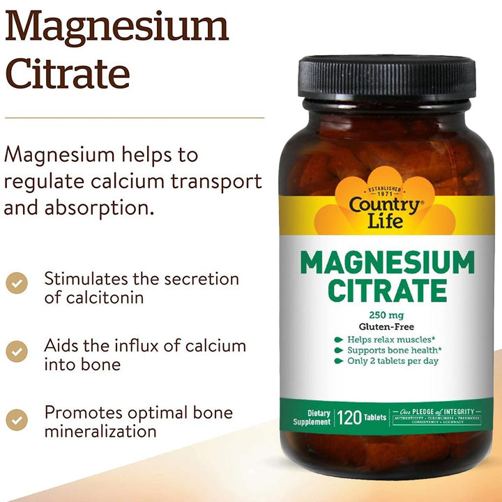 Country Life Gluten-Free Magnesium Citrate 250 mg Tablets For Bone & Muscle Health, Pack of 120's - Easy Pharmacy LLC