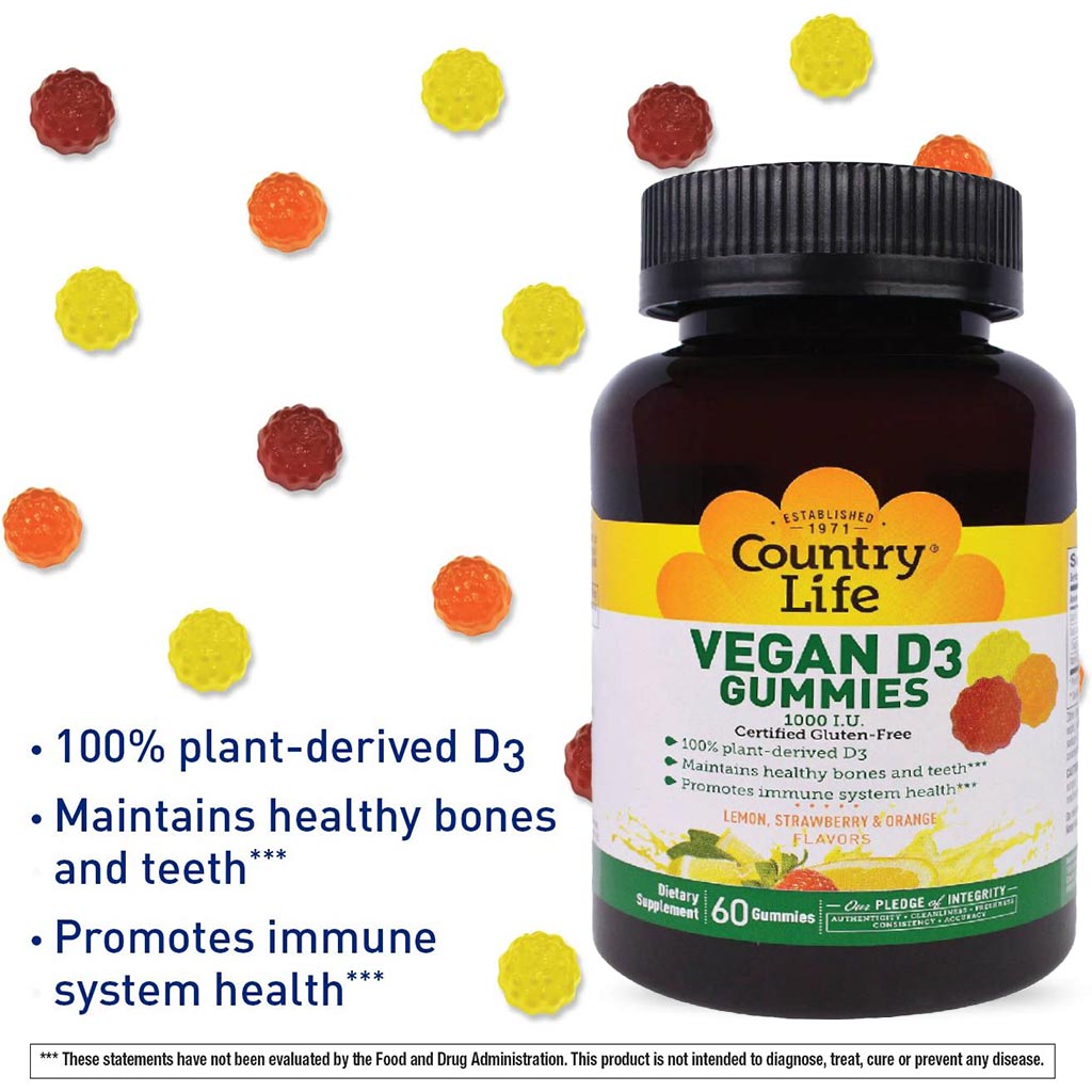 Country Life Vegan D3 1000IU Gummies For Bone, Teeth & Immune Health, Pack of 60's - Easy Pharmacy LLC