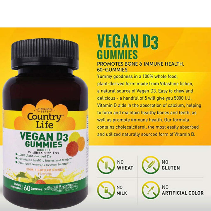 Country Life Vegan D3 1000IU Gummies For Bone, Teeth & Immune Health, Pack of 60's - Easy Pharmacy LLC