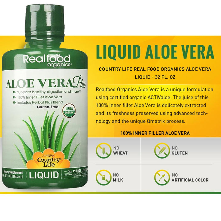 Country Life Realfood Organics Aloe Vera Plus Inner Fillet Liquid For Digestive Support 944ml - Easy Pharmacy LLC