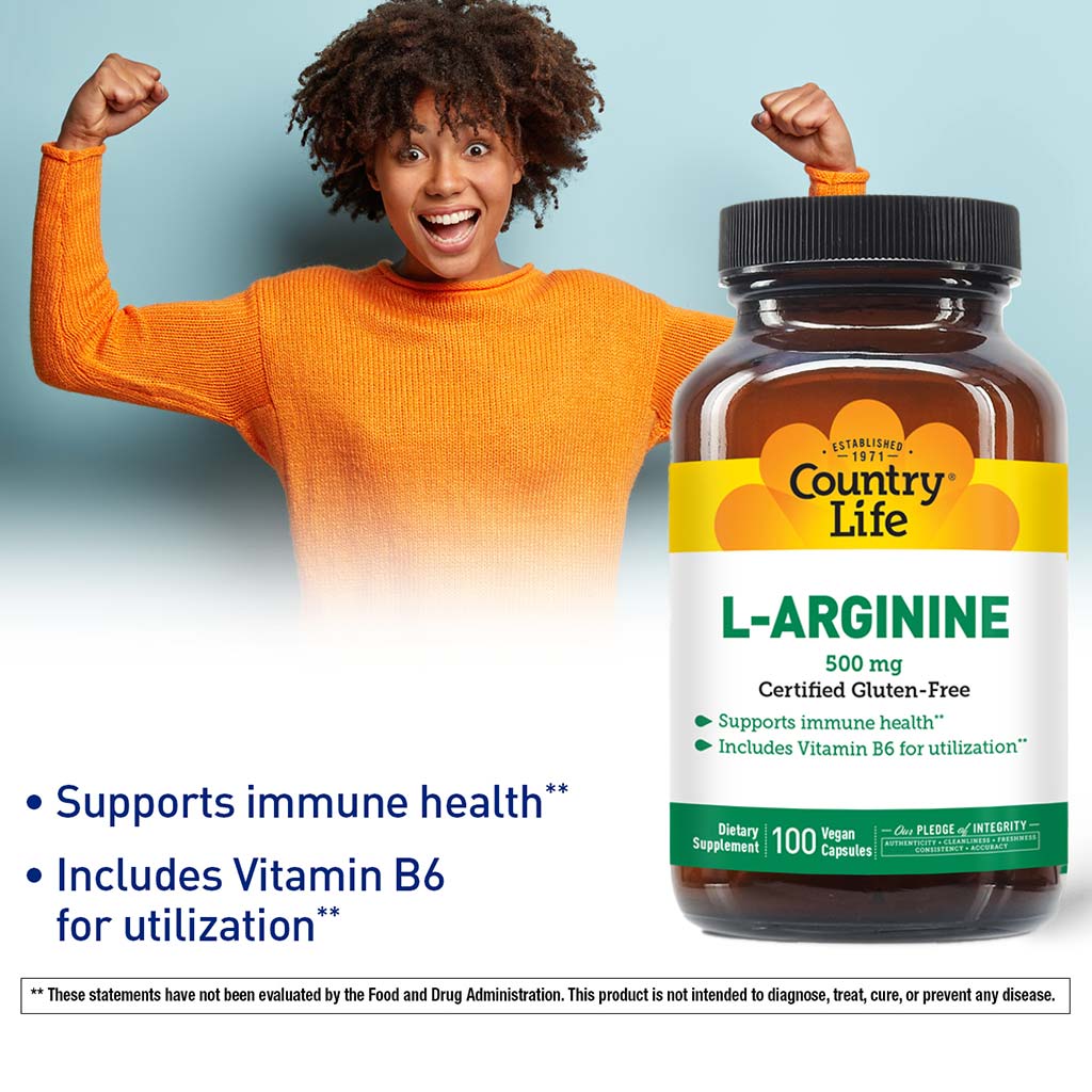 Country Life L- Arginine 500mg Vegan Capsules For Immune Support, Pack of 100's - Easy Pharmacy LLC