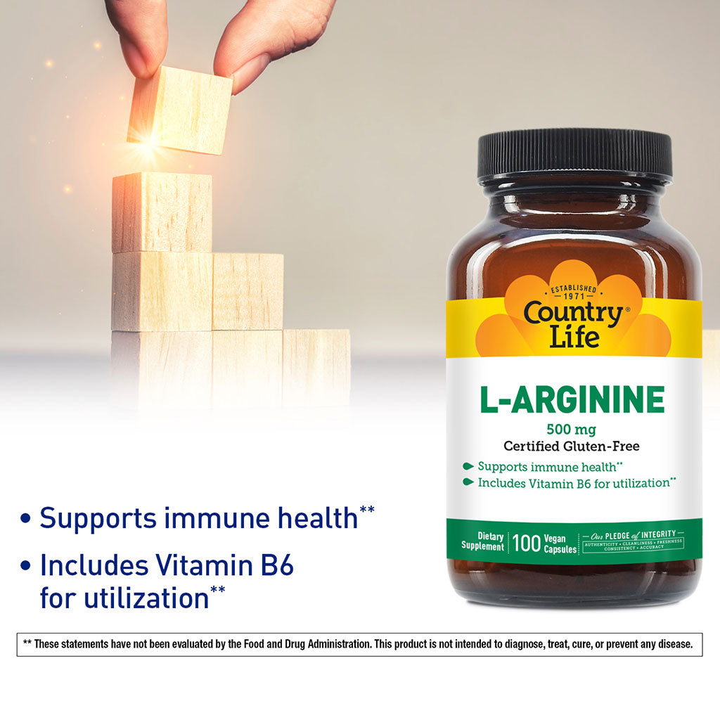 Country Life L- Arginine 500mg Vegan Capsules For Immune Support, Pack of 100's - Easy Pharmacy LLC