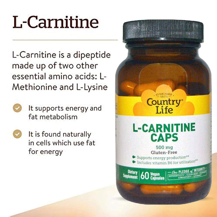 Country Life L-Carnitine 500 mg Vegan Capsule Supplement For Energy Support, Pack of 60's - Easy Pharmacy LLC