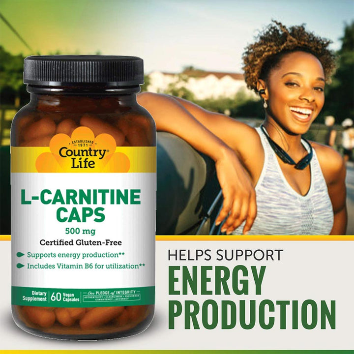 Country Life L-Carnitine 500 mg Vegan Capsule Supplement For Energy Support, Pack of 60's - Easy Pharmacy LLC