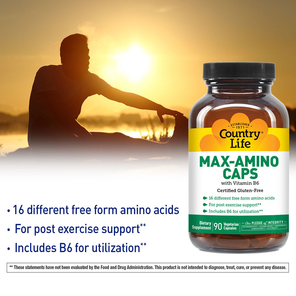 Country Life Max-Amino With Vitamin B6 Vegetarian Capsules For Muscle Recovery, Pack of 90's - Easy Pharmacy LLC