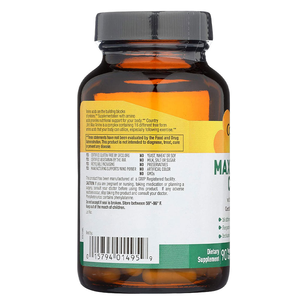 Country Life Max-Amino With Vitamin B6 Vegetarian Capsules For Muscle Recovery, Pack of 90's - Easy Pharmacy LLC