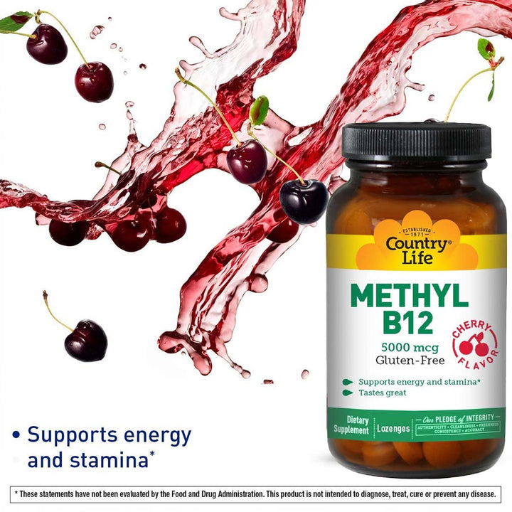 Country Life Methyl B12 5000 mcg Cherry Flavor Lozenges For Energy Support, Pack of 60's - Easy Pharmacy LLC