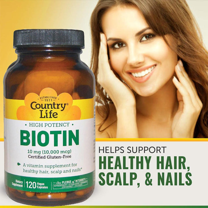 Country Life Biotin 10 mg Gluten-Free Vegan Capsules For Hair, Scalp & Nails, Pack of 120's - Easy Pharmacy LLC