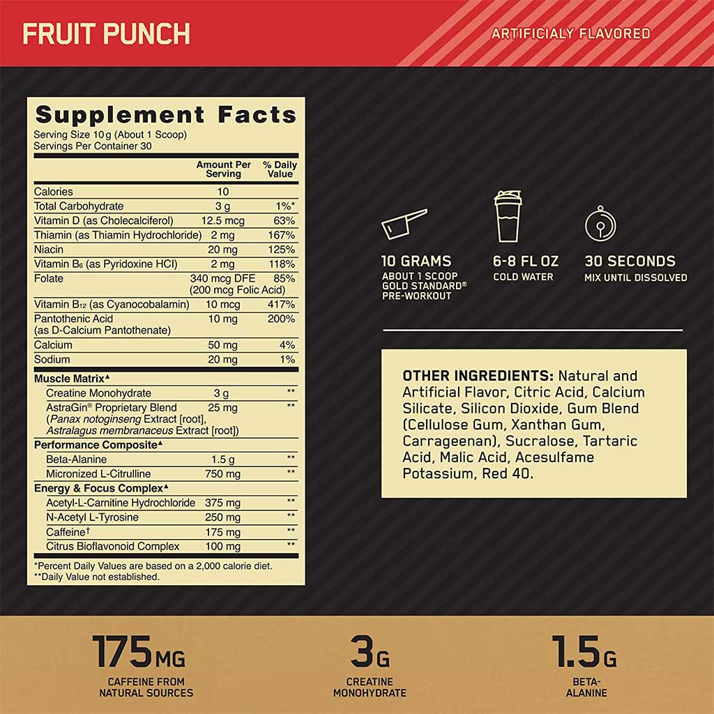 Optimum Nutrition Gold Standard Pre Work Out Fruit Punch 30 Servings - Easy Pharmacy LLC