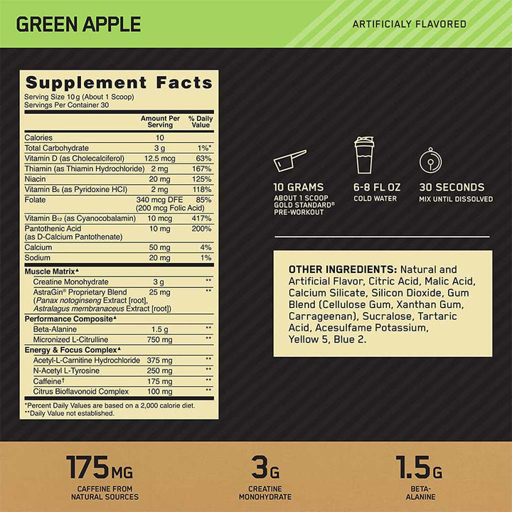 Optimum Nutrition Gold Standard Pre Work Out Green Apple 30 Servings - Easy Pharmacy LLC