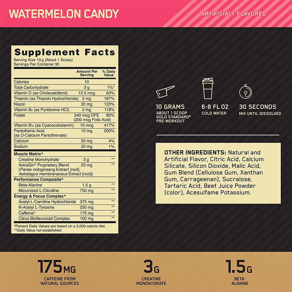 Optimum Nutrition Gold Standard Pre Work Out Watermelon 30 Servings - Easy Pharmacy LLC