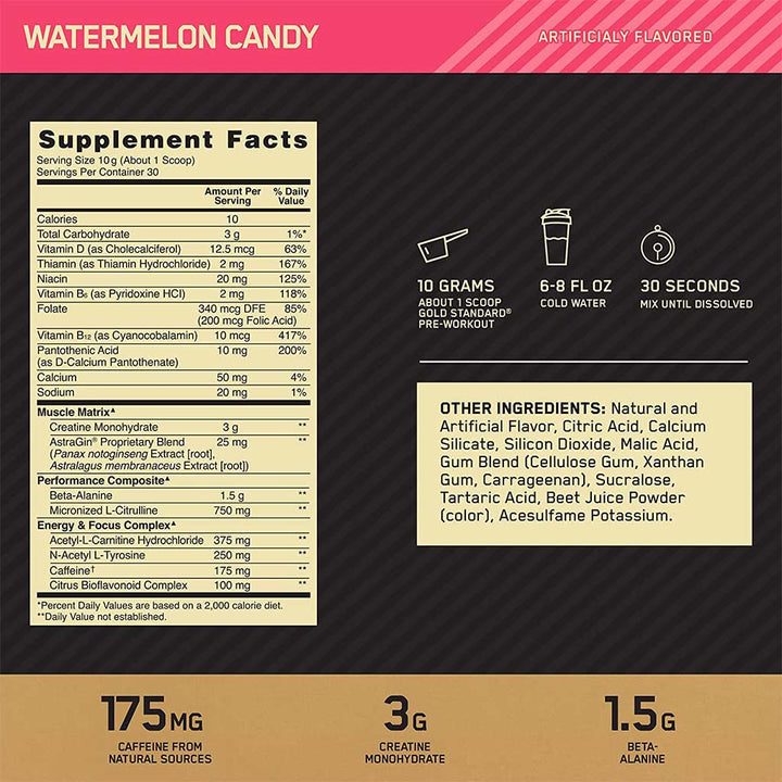 Optimum Nutrition Gold Standard Pre Work Out Watermelon 30 Servings - Easy Pharmacy LLC