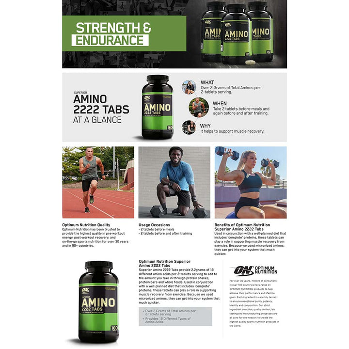 Optimum Nutrition Superior Amino 2222 mg Tablets, Pack of 160's - Easy Pharmacy LLC