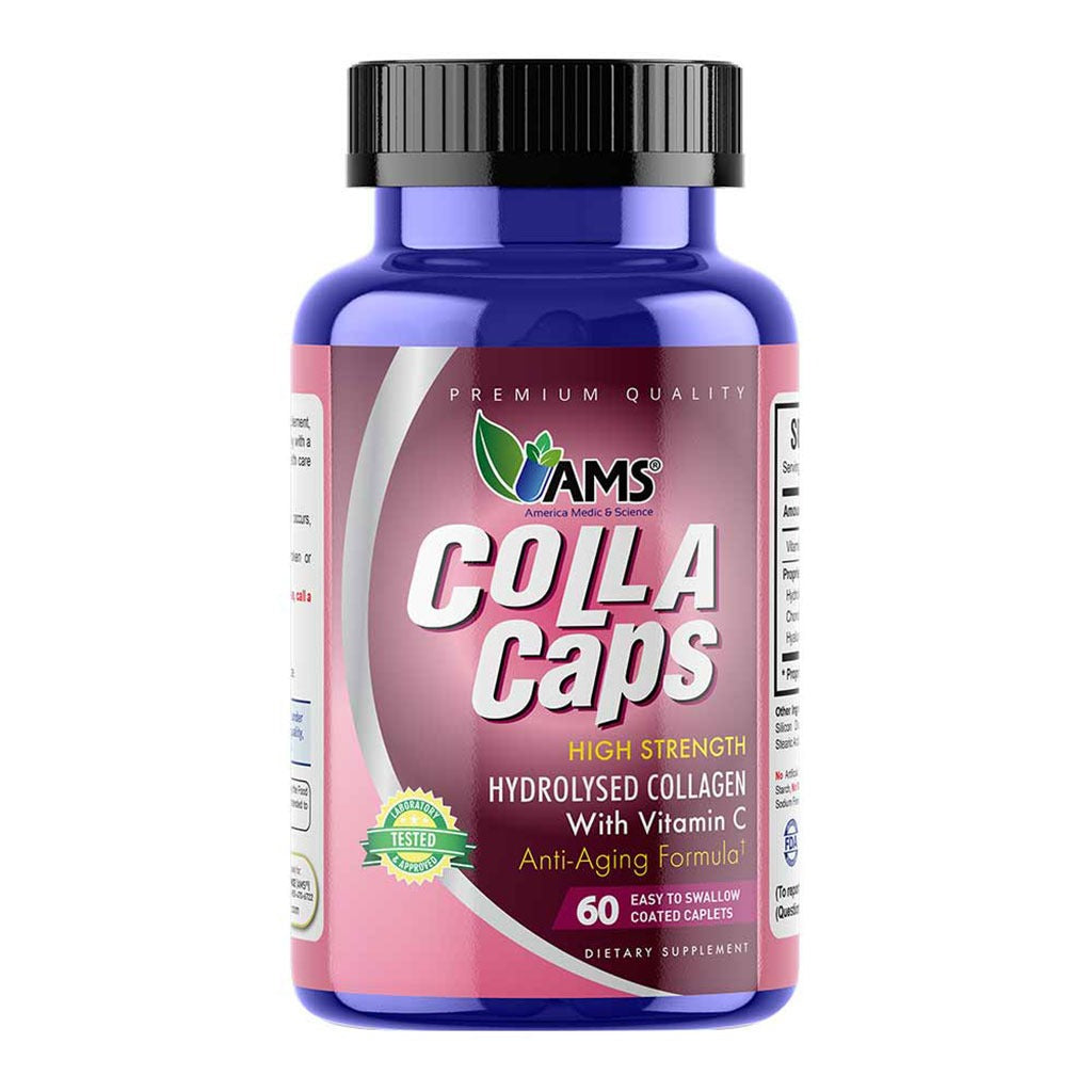 AMS Colla Caps Anti-Aging Caplets With High Strength Hydrolysed Collagen & Vitamin C, Pack of 60's - Easy Pharmacy LLC