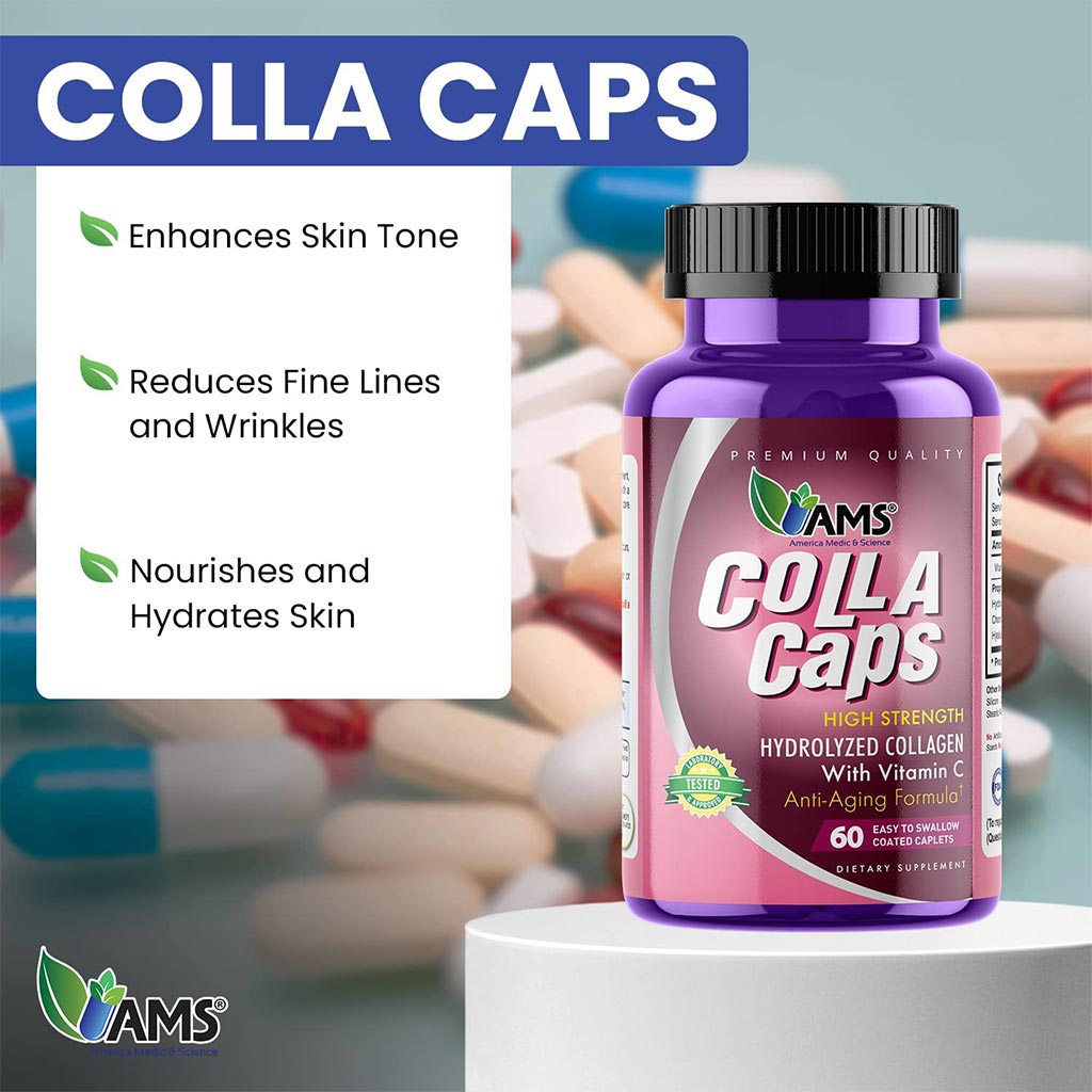 AMS Colla Caps Anti-Aging Caplets With High Strength Hydrolysed Collagen & Vitamin C, Pack of 60's - Easy Pharmacy LLC