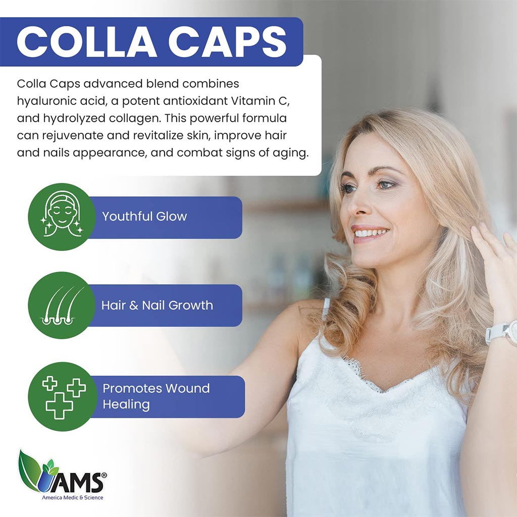 AMS Colla Caps Anti-Aging Caplets With High Strength Hydrolysed Collagen & Vitamin C, Pack of 60's - Easy Pharmacy LLC