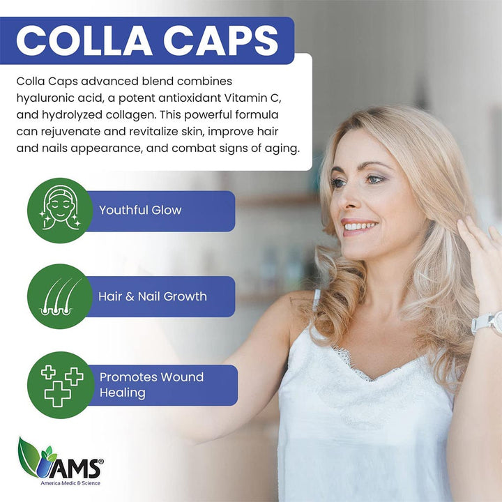 AMS Colla Caps Anti-Aging Caplets With High Strength Hydrolysed Collagen & Vitamin C, Pack of 60's - Easy Pharmacy LLC