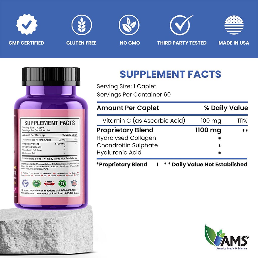 AMS Colla Caps Anti-Aging Caplets With High Strength Hydrolysed Collagen & Vitamin C, Pack of 60's - Easy Pharmacy LLC