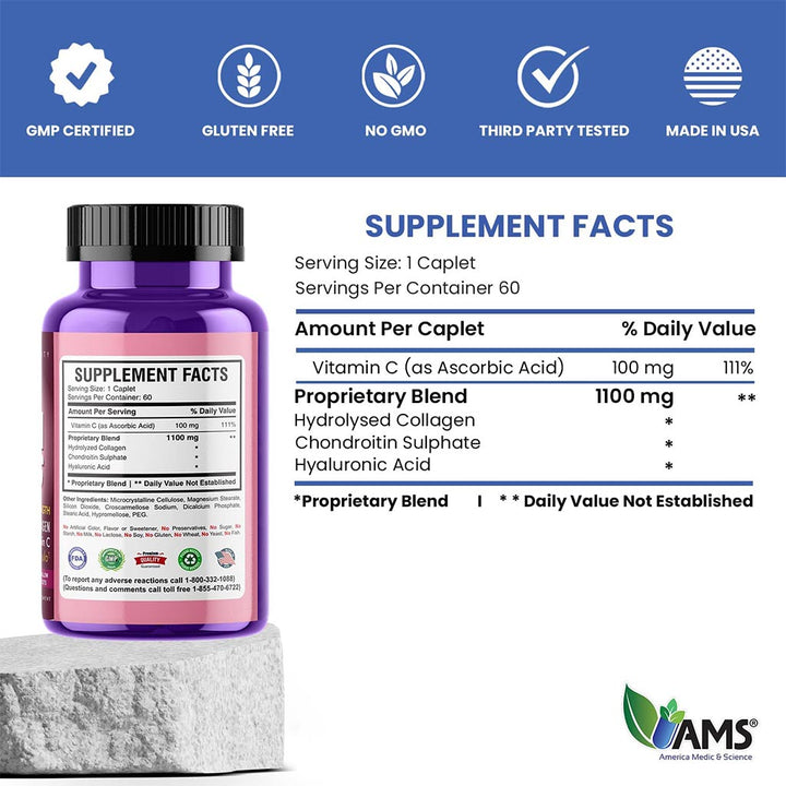 AMS Colla Caps Anti-Aging Caplets With High Strength Hydrolysed Collagen & Vitamin C, Pack of 60's - Easy Pharmacy LLC