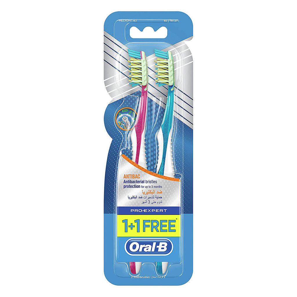 Oral-B Pro-Expert Cross Action 40 Medium Antibacterial Toothbrush, Pack of 1+1 - Easy Pharmacy LLC