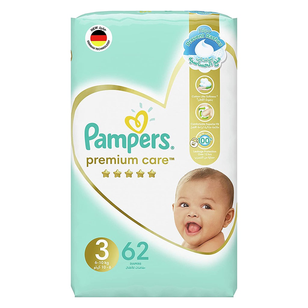 Pampers Premium Care Baby Diapers, Size 3, 6-10Kg, Pack of 62's - Easy Pharmacy LLC