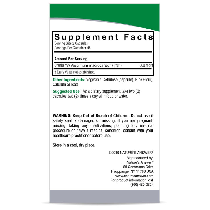Nature's Answer Cranberry 800mg Vegan Capsules For Urinary Tract Health, Pack of 90's - Easy Pharmacy LLC