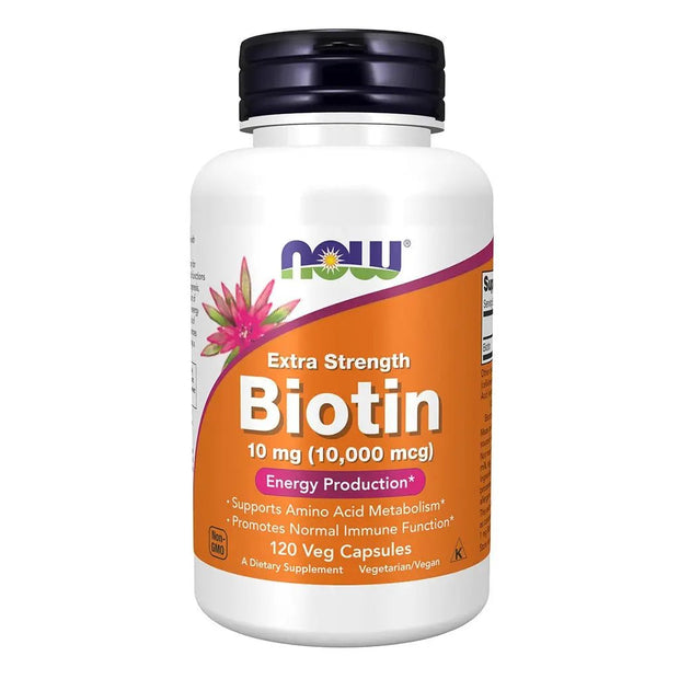 Now Extra Strength Biotin 10,000 mcg Vegetarian Capsules For Energy Production, Pack of 120's